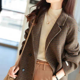 2025新款纯手工中长款气质外套女小个子西装领毛呢宽松格子大衣女