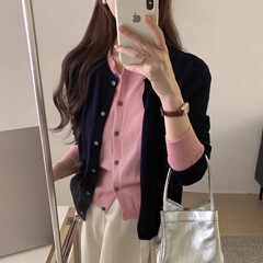 2025秋冬撞色拼接针织开衫外套女假两件毛衣chic别致长袖上衣