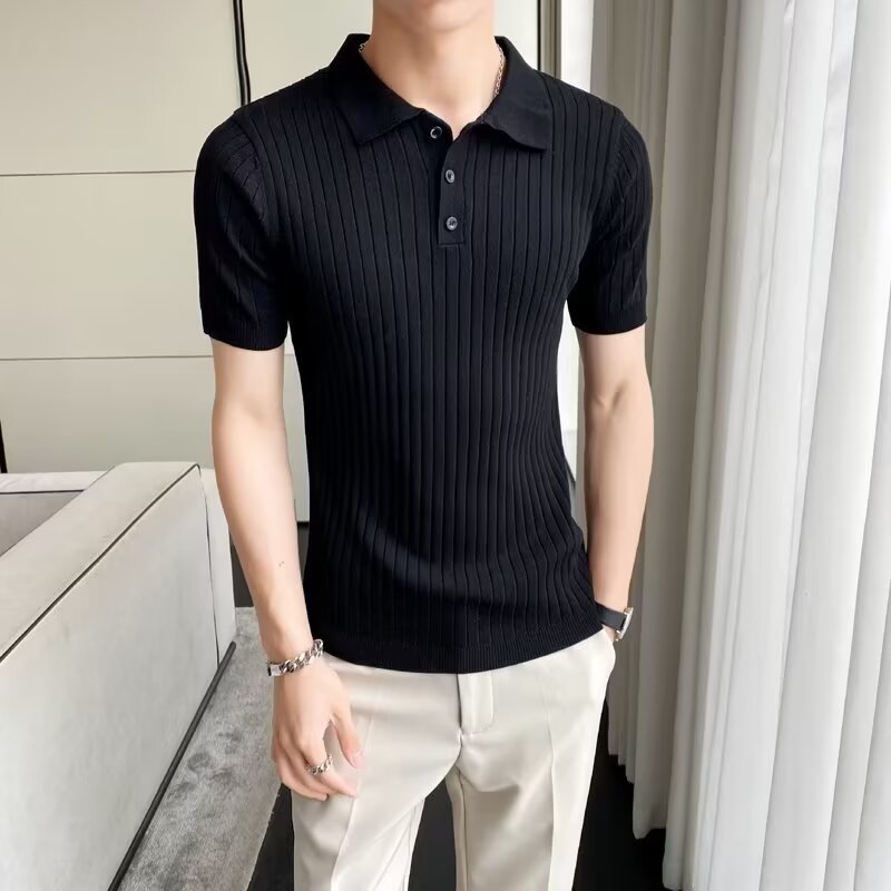 Mature Men's Slim Fit Short Sleeved Summer Knit Sweater Business Style Lapel Button American Fashion_voghion.com