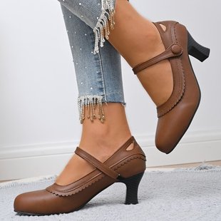 Plus Size Export Cross-Border High Heels for Women 2025 Retro Round Toe Buckle Flats for Women Thick Heel Mary Jane Women's Shoes