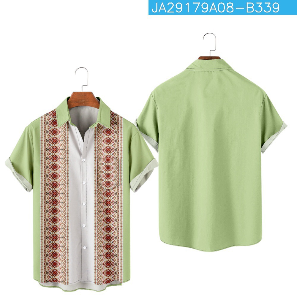 2023 nuevo verano transfronterizo rayado floral 3D Impresión digital manga corta moda solapa camisa de bolsillo de los hombres