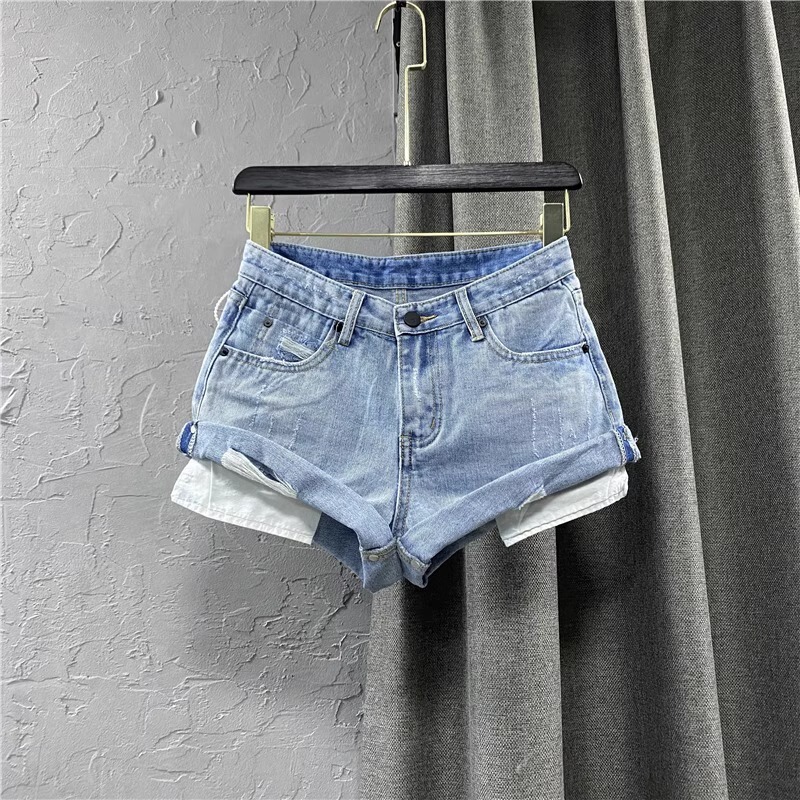Blue Low-Waist Rolled Hem Denim Shorts for Women, European and American Hot Girl Style A-Line Shorts, 2026 Summer New Ultra-Short Hot Pants Trendy