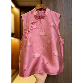258中式风立领盘扣真丝浮光锦马甲 S M L XL，南油特价，不退不换