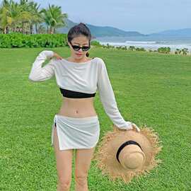 新款辣妹长袖防晒裙式分体泳衣女四件套温泉泳装海边度假bikini