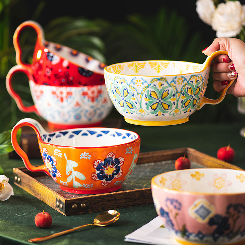 Creative Bohemian Ethnic Style Home Wholesale Hand-Painted Flower Underglaze Color Cross-Border Ceramic Fruit Handle Noodle Bowl