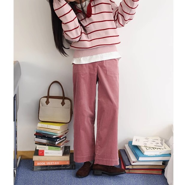 British retro style corduroy elastic straight casual pants [Paris highway]]