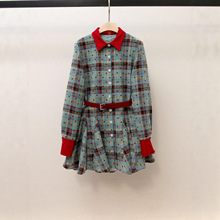 深圳南油高端女装秋季新款气质名媛风撞色翻领镶钻格纹收腰连衣裙