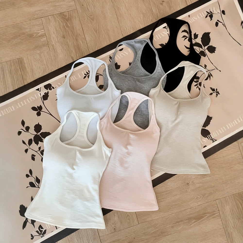 Thickened 260g solid color racerback tank top for women, with bra pads, slim fit, versatile base layer