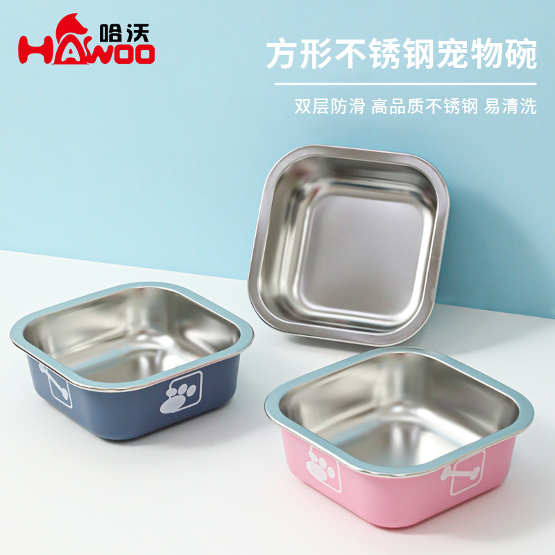 Cuadrado de acero inoxidable perro tazón anti-golpe perro Poon perro arroz tazón agua potable gato mascotas alimentos suministros