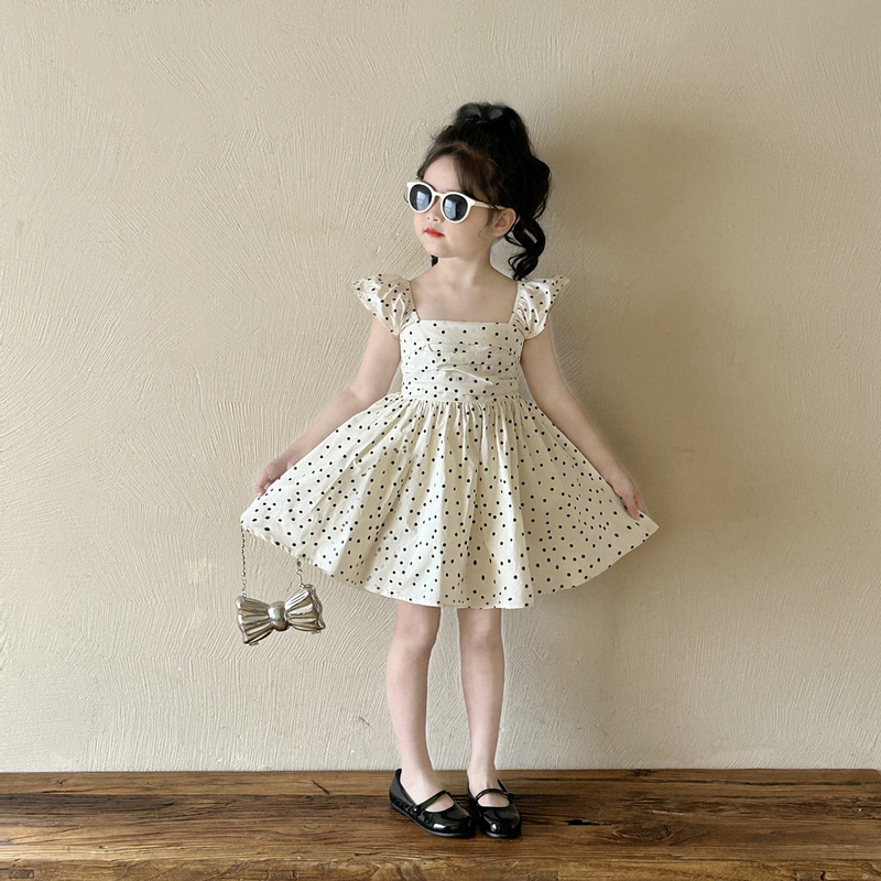 Girls' Wave Dot Small Fly Sleeve Vise Skirt dress 2025 Summer Girls' Backless Princess Skirt Puff Large Swing Skirt