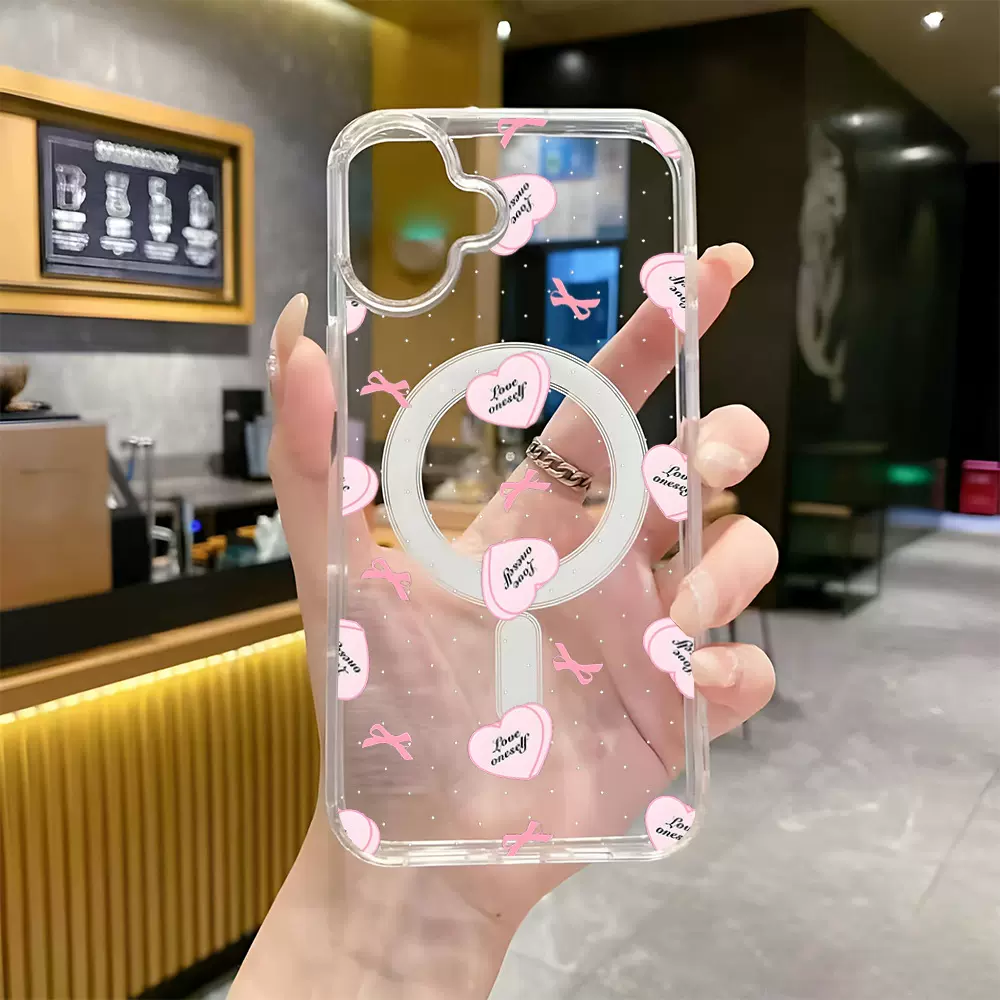 ins风粉色爱心蝴蝶结磁吸适用iPhone15手机壳17女款简约防摔硬壳