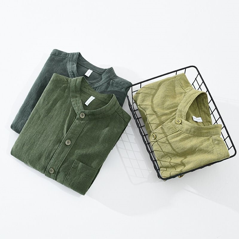 Men's Stand-Up Collar Cotton and Linen Shirt, Spring and Autumn Casual Retro Long-Sleeve Jacket, Loose and Breathable, Large Size Ramie Shirt 2326