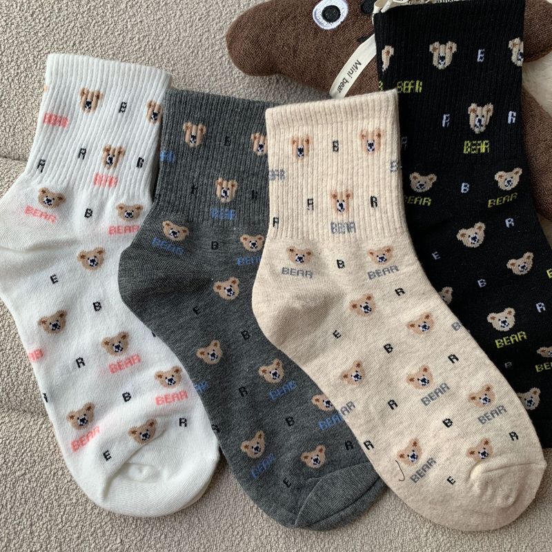 Women's Korean-style mid-calf ins fashionable JK girl's Japanese cute bear cartoon printed letter personalized stockings