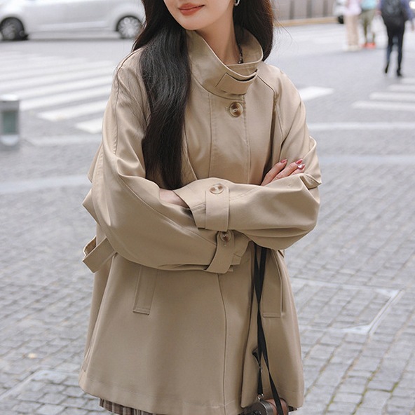 2024 autumn and winter new high collar solid color loose all-match windbreaker British fashion trend long sleeve cardigan feeling coat