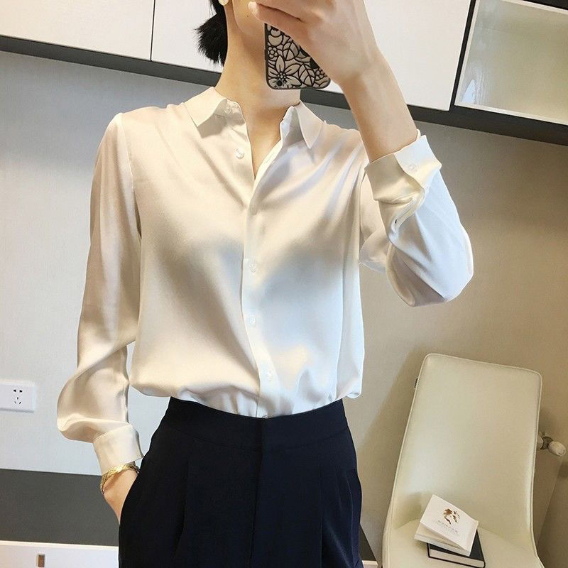 重磅缎面仿真丝衬衫女秋季新款外穿年高级感衬衣高端洋气上衣女|undefined