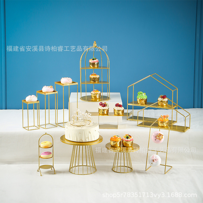 Boda creativa fiesta de cumpleaños buffet mesa de té de la tarde mesa de bebidas frías hierro forjado oro estante de pastel decoración mesa de postres image 4