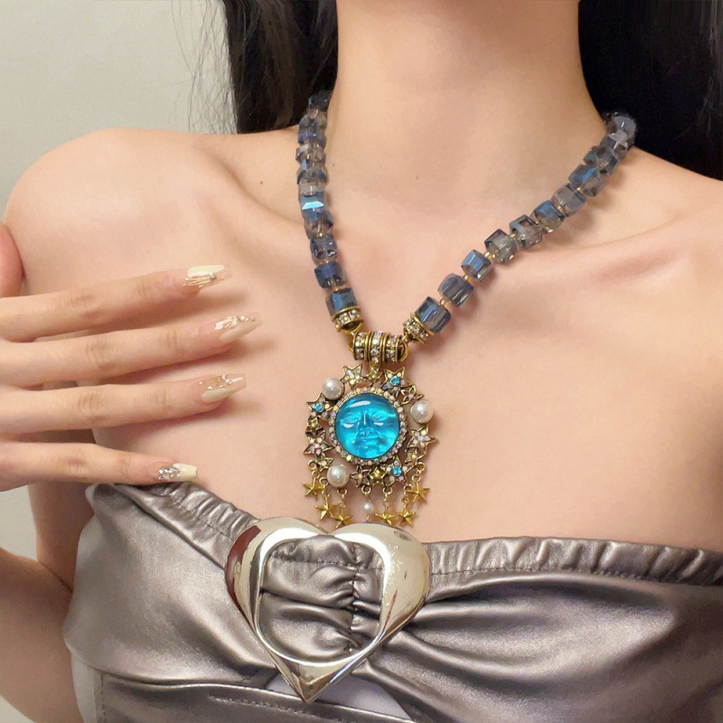 Vintage Retro Colorful Moissanite Moon and Star Beaded Necklace for Women, Unique Design Clavicle Chain