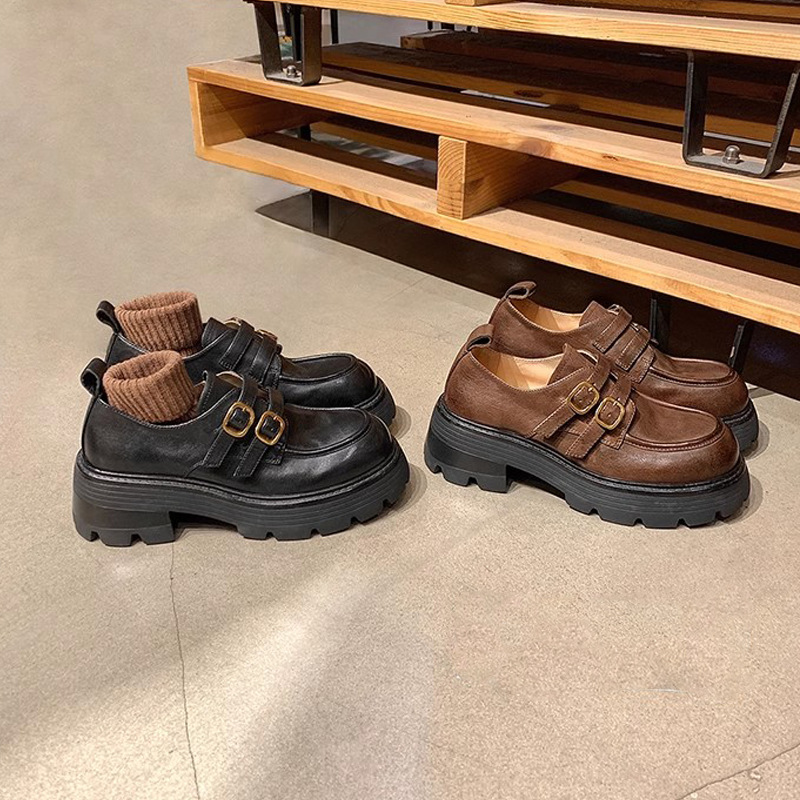 2025 primavera nueva altura de 6cm lavados de piel de caballo doble hebilla de tacones gruesos Lefour zapatos de cuero de mujer