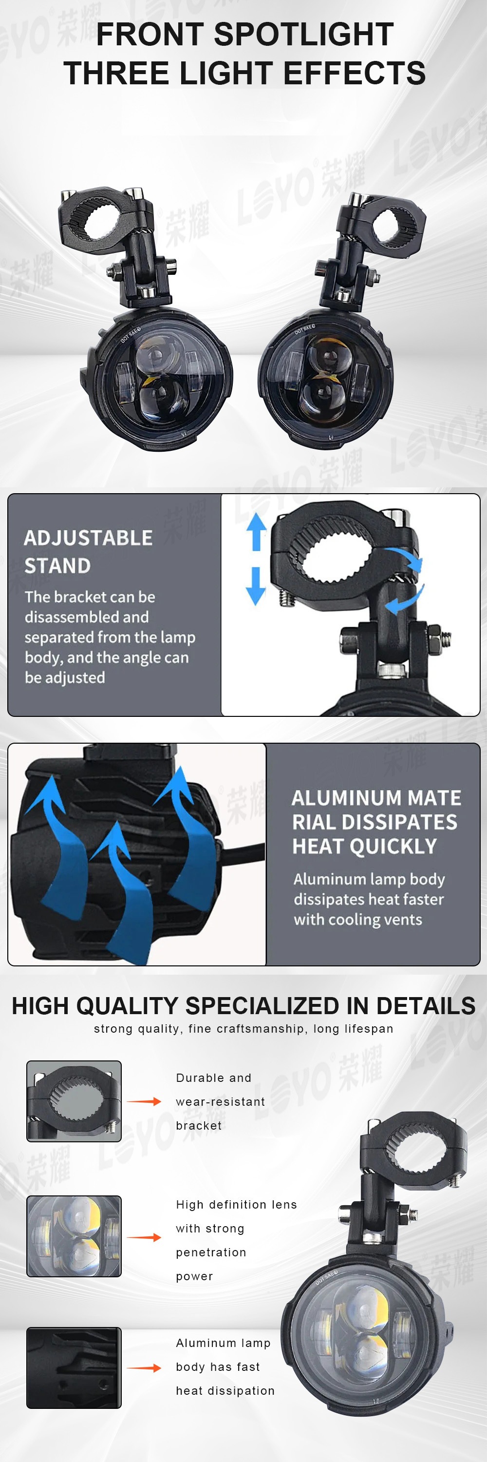 Motorcycle LED spotlights are suitable for use as high beam lights, driving lights, LED fog lights, and external auxiliary lights for motorcycles and electric vehicles