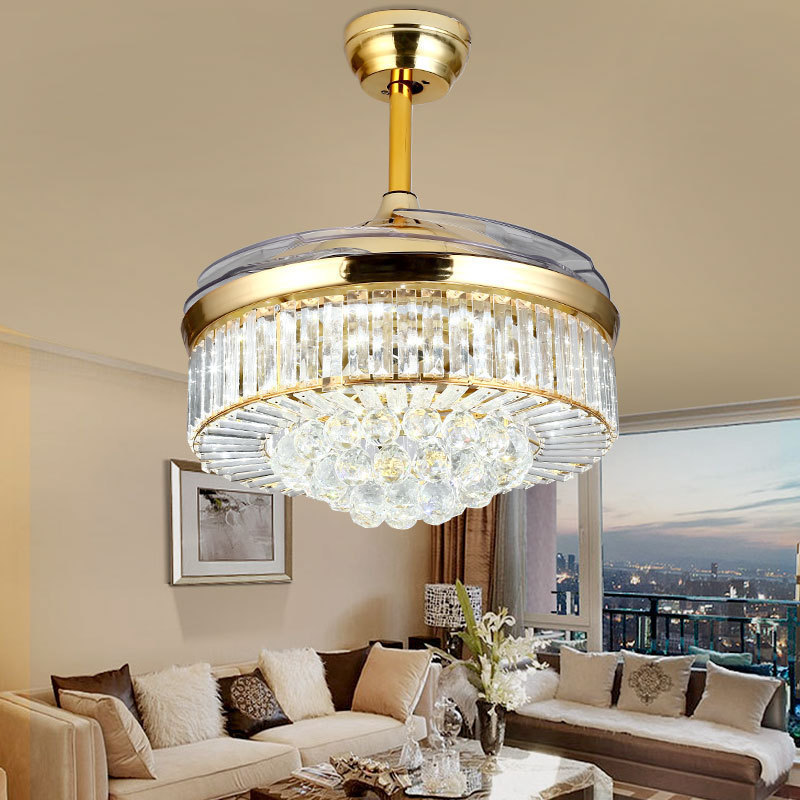 Cross-Border European Fashion Crystal Invisible Fan Ceiling Fan Lamp Living Room Dining Room Bedroom Study Creative Led Fan Lamp