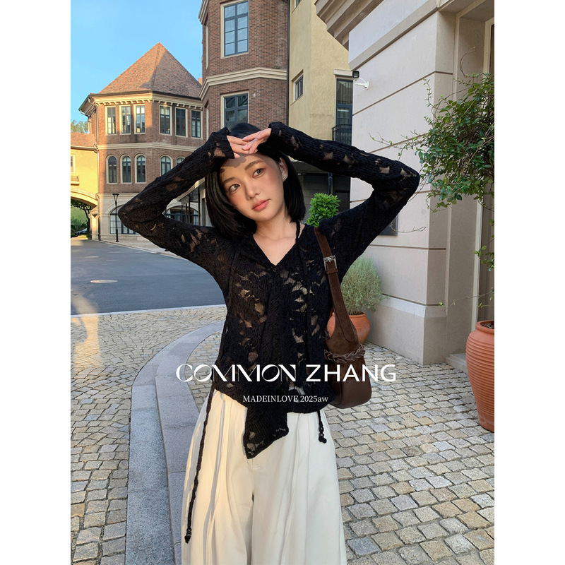 Cz Zhang Autumn and Winter Mesh Lace Jacquard V Neck Socialite Shirt Women's Slim Fit Ruffled Bottoming Shirt B33905