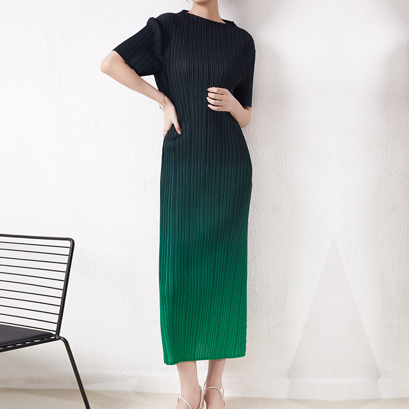 Miyake High-End Design Gradient Color Long Skirt Commuter Pleated Fashion Dress Slimming Printed Straight Skirt