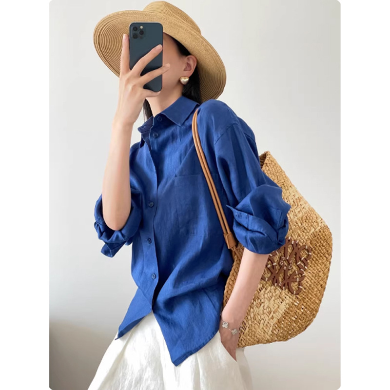 Áo sơ mi nữ linen Pháp Klein Blue dáng rộng chống nắng mùa hè — màu trắng, Xanh da trờicolor chi tiết 4