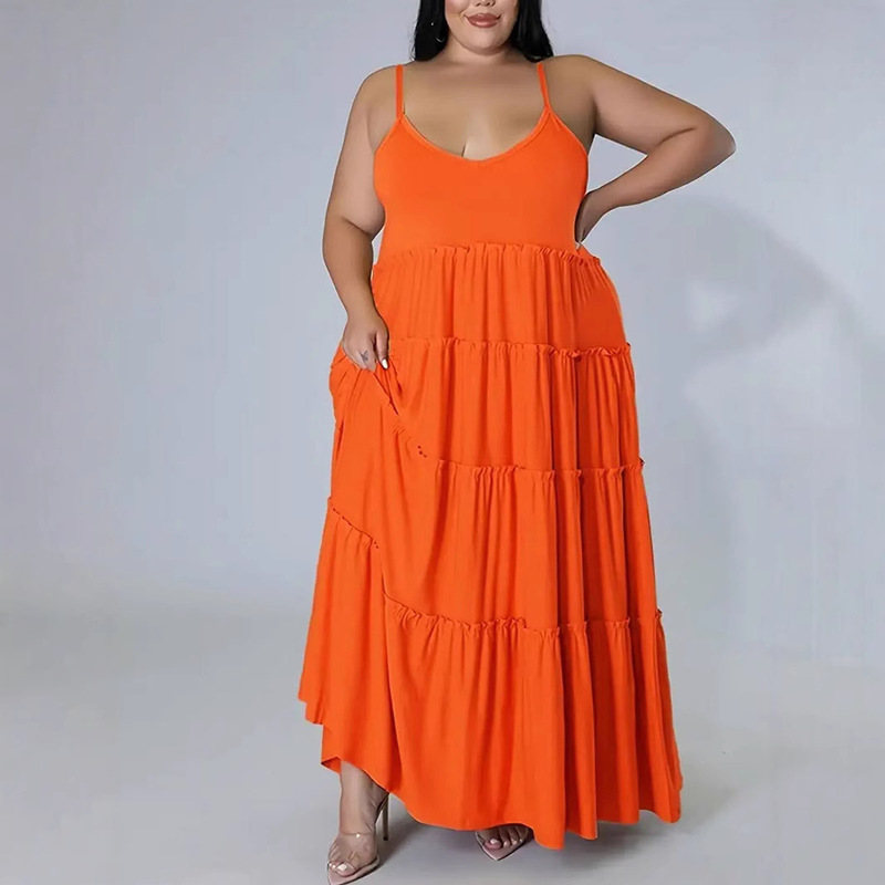 PP097 plus size Women's Casual Comfortable Summer Orange Laminated Long Dress Sling Design dress Women