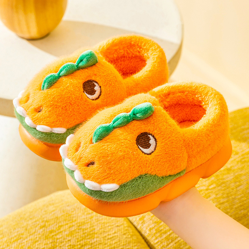 [Otoño e invierno nuevo] Zapatillas de lana para niños de invierno dibujos animados lindo dinosaurio bolsa talón Zapatillas de algodón para niños calientes
