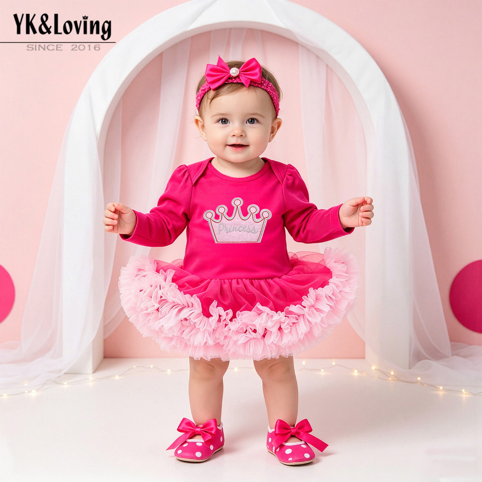 2026 Customized New Fashionable One-Year-Old Princess Dress for Girls, Crown-Style Tutu Skirt with Mesh Overlay, Comes with Headband and Shoes