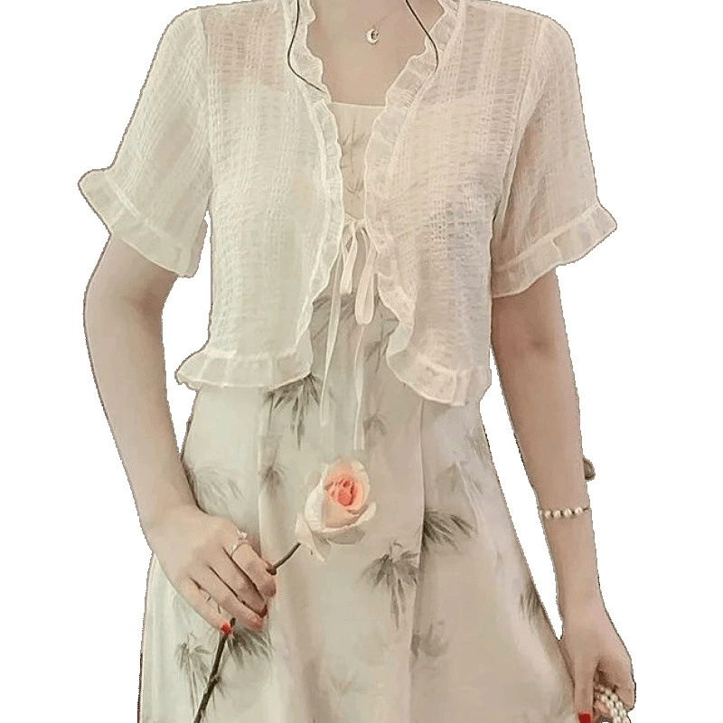Летняя шифоновая короткая кардиган, тонкое накидка, slip dress, с коротким рукавом