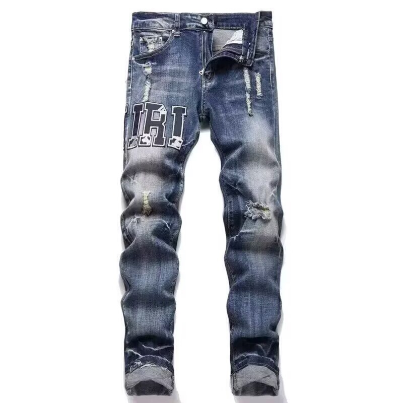 Cross-Border High Version Correct Exclusive Trendy Brand Amiri Heavy Craftsmanship Washed Ripped High Street Embroidered Unisex Jeans