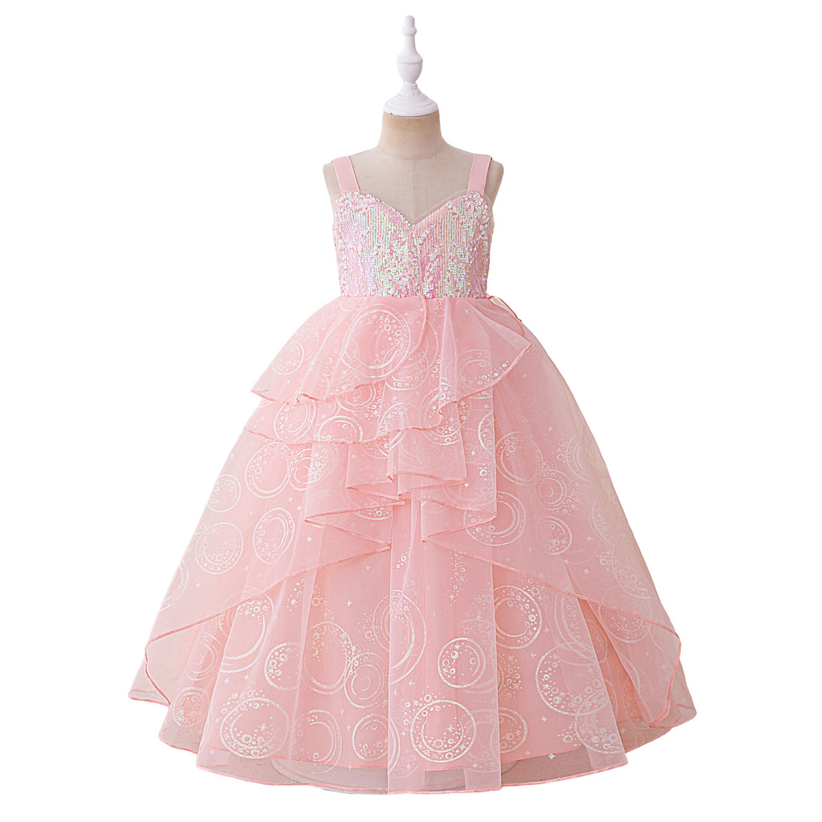 Comercio exterior nuevo estilo vestido para niños vestido de princesa de moda lentejuelas hilo de red tela forjada niña niña niña bebé vestido de noche de un año