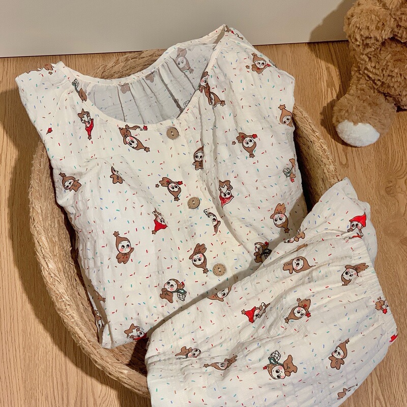Women's spring and autumn pajamas with chest pads, cardigan style, round neck, cute cartoon design, suitable for young girls, home wear, long pants, can be worn outside Women's spring and autumn pajamas with chest pads, cardigan style, round neck, cute cartoon design, suitable for young girls, home wear, long pants, can be worn outside