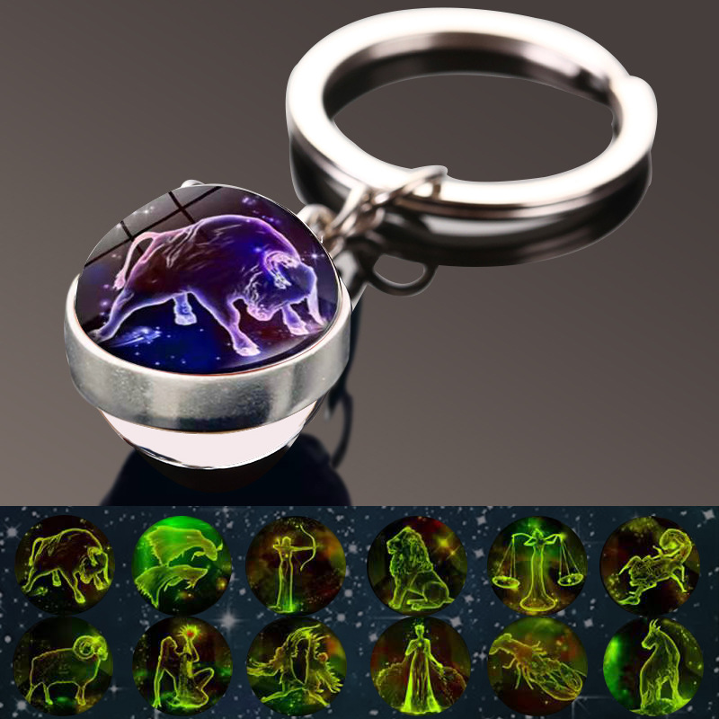 Amazon nuevo luminoso doce constelación tiempo gema de doble cara bola de cristal llavero colgante pequeño regalo