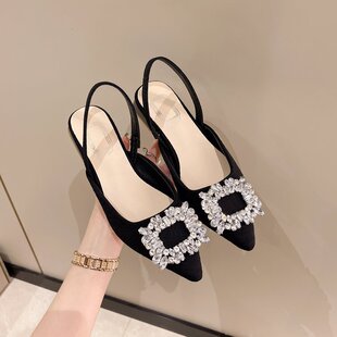 French Chanel style high heel closed toe sandals fashionable outdoor fairy shoes 2023 new summer rhinestone pointed shoes