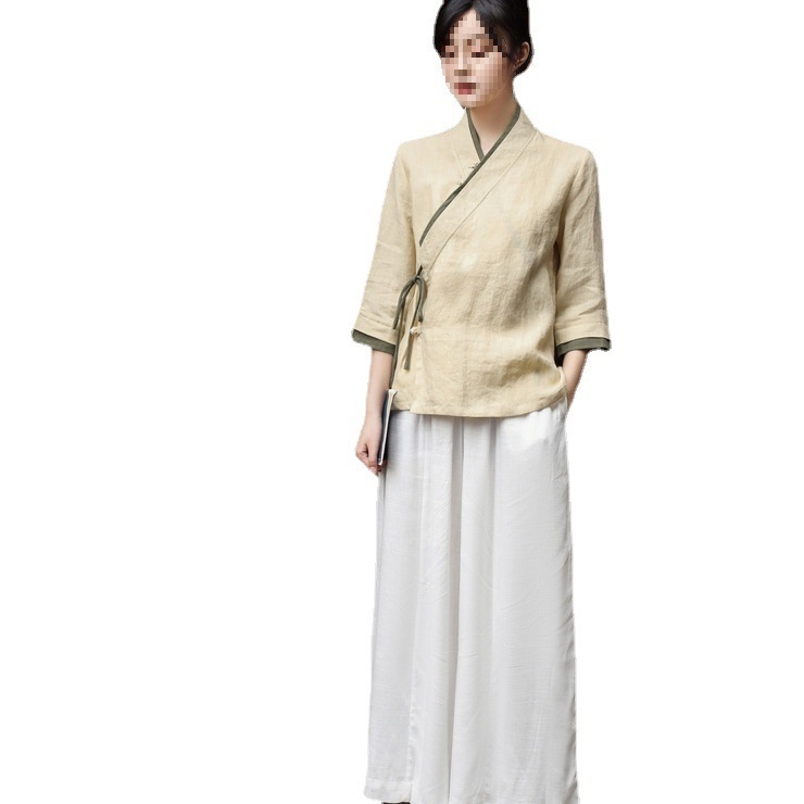 茶職人服中華民国スタイル禅女性服茶トップ中国チャイナドレス唐スーツトップ茶服夏|undefined