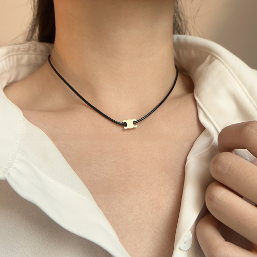 Minimalist Versatile Leather Titanium Steel Double C Letter Pendant Necklace for Women, Unique Design Retro Personality Choker Collar Necklace