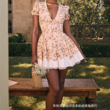 UC&ZA跨境亞馬遜歐美女裝深V領性感修身定位印花拼接連衣裙蓬蓬裙