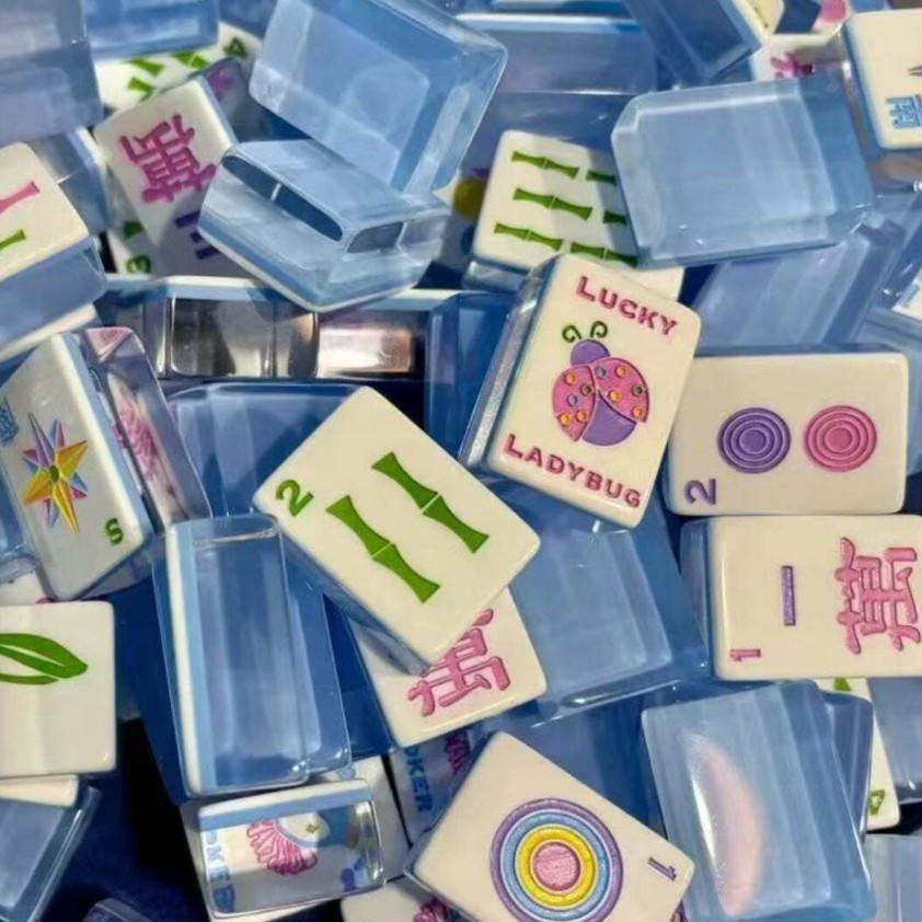 (24-hour in-stock direct delivery) American Mahjong Entertainment Mahjong in aqua blue with lucky ladybugs, transparent acrylic