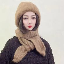 帽子女秋冬松鼠绒针织保暖护耳防寒加厚韩版网红骑行帽子围巾一体