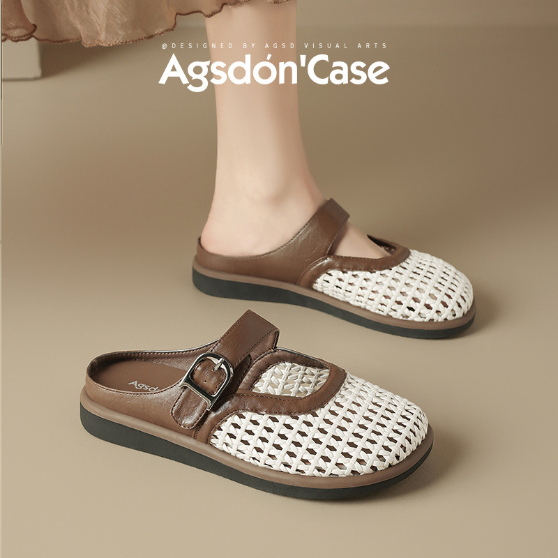 August Lion Deng Baotou pantuflas mujeres 2025 nuevo estilo verano ropa exterior tejido con falda sandalias y pantuflas planas de un pie