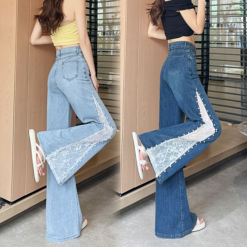 Summer High-Waisted Slimming Lace Splicing Contrasting Color Beaded Wide-Leg Jeans Women's Trousers Floor-Length Pants Elastic