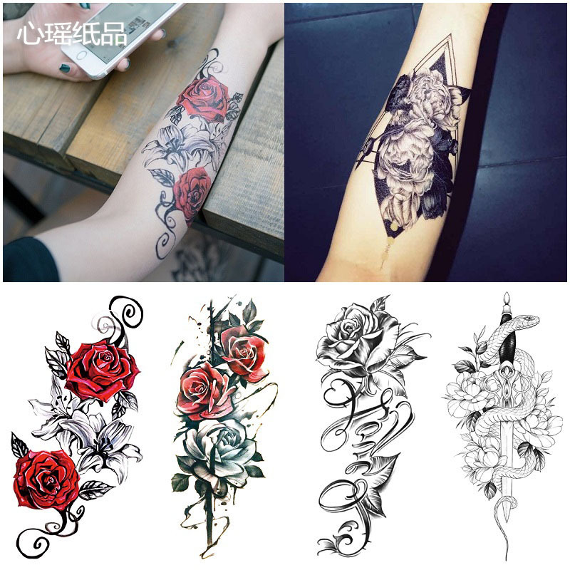 Red Rose Arm Half Arm Tattoo Sticker Owl Hourglass Geometric Shape Water Transfer Printing Cross-border Set Foreign Trade Sticker