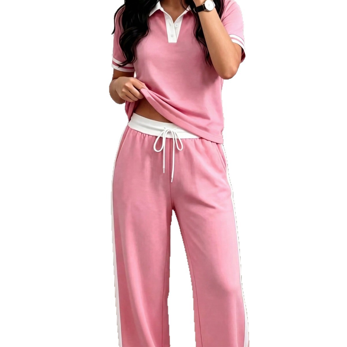 Women's Casual Color Block Polo Neck Top with Striped High-Waisted Drawstring Trousers Set Comfortable Summer Pant Set_ecoleips.com