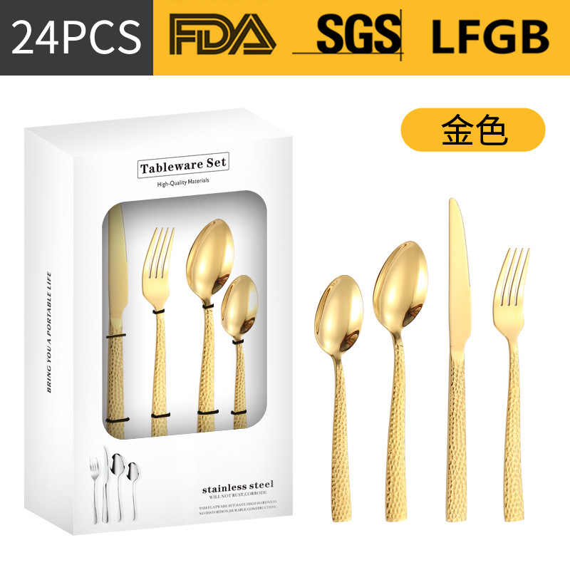 Productos de Amazon cubiertos de acero inoxidable 16 / 24 piezas con mango cuadrado engrosado cuchillo de filete cuchara de cuchillo de tenedor de agua cubo de comida occidental