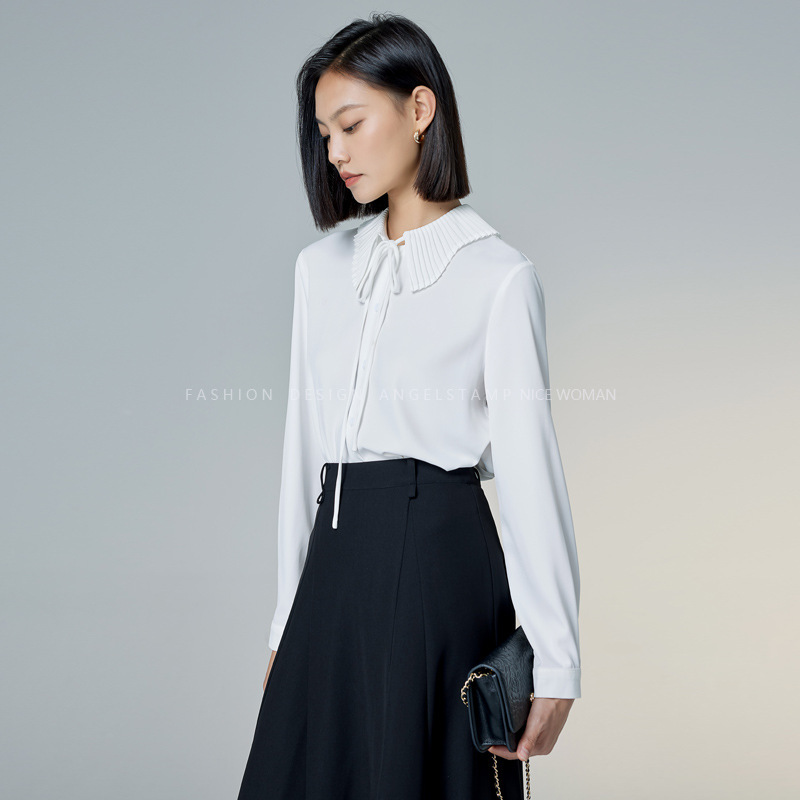 2025 New Niche Design Irregular Accordion Collar Lace-Up Peacock Blue Long-Sleeved Professional Shirt for Women