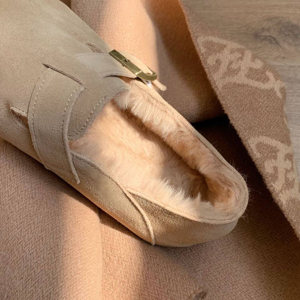 Giày lười nữ da thật lót lông cừu đế dày, giày slip-on cổ thấp giữ ấm mùa đông — Hàng sẵn sàng nhung đỏ, Khaki cộng với nhung sẵn có, Màu nâu cộng với nhung sẵn có, Nhung nâu có sẵn chi tiết 7