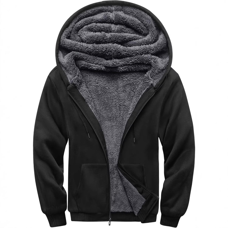 Scodi Men's Sweatshirt Thickened Wool Sweatshirt Full-Zip Thick Lamb Wool Lining Hooded Sweatshirt