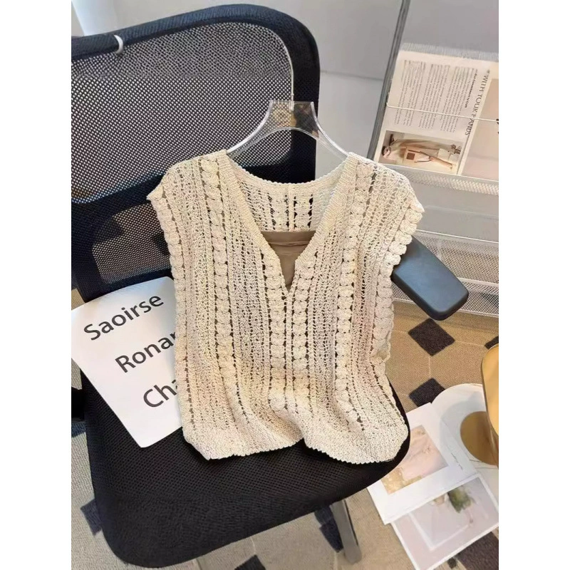 Летний V-образный полый трикотажный жилет из двух частей без рукавов женский